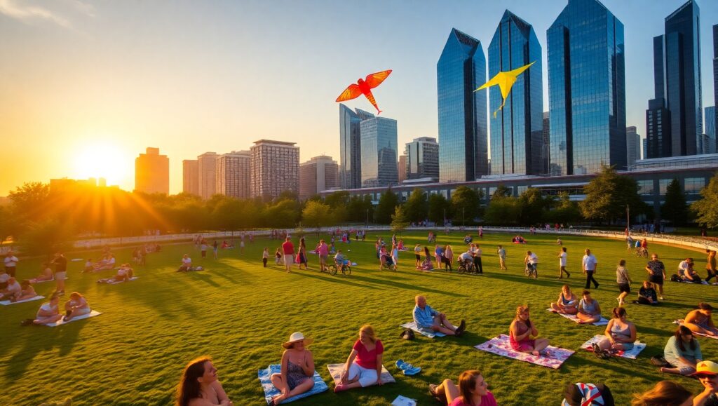 Sunset Picnic in a City Park – free AI stock image