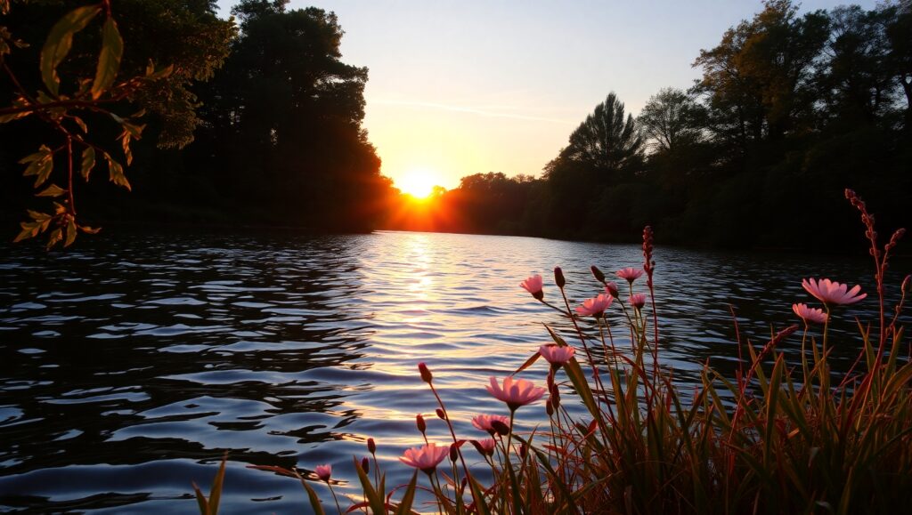 Sunset Reflections by the Lake – free AI stock image