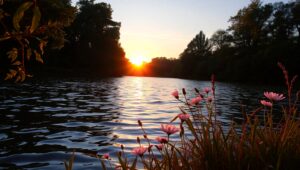 Sunset Reflections by the Lake – free AI stock image