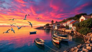 Sunset Reflections in a Coastal Village – free AI stock image