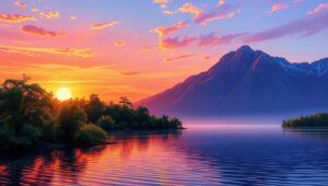 Sunset Reflections in Pointillism – free AI stock image