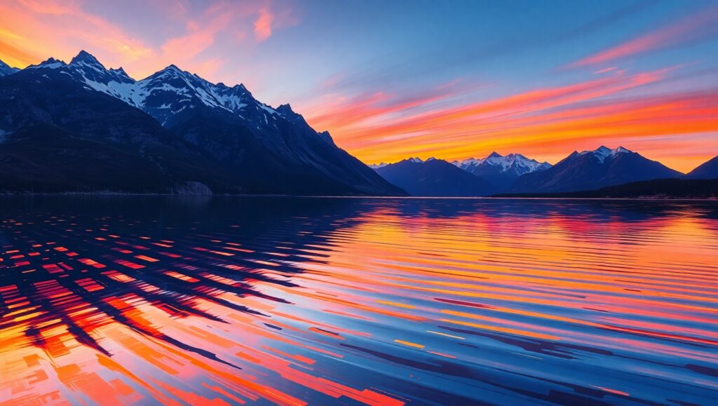 Sunset Reflections on Serene Lake – free AI stock image