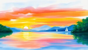 Sunset Reflections on Serene Lake – free AI stock image
