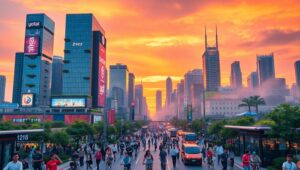 Sunset Reflections Over Urban Hills – free AI stock image