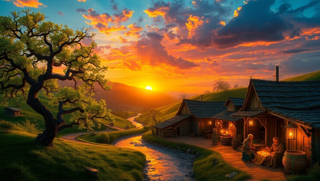 Sunset Serenity in an Ancient Village – free AI stock image