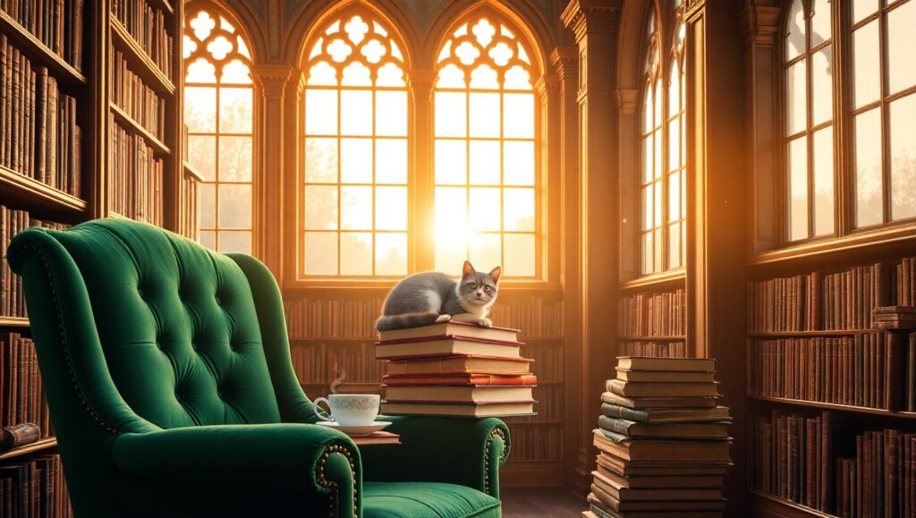 Sunset Serenity in the Library – free AI stock image