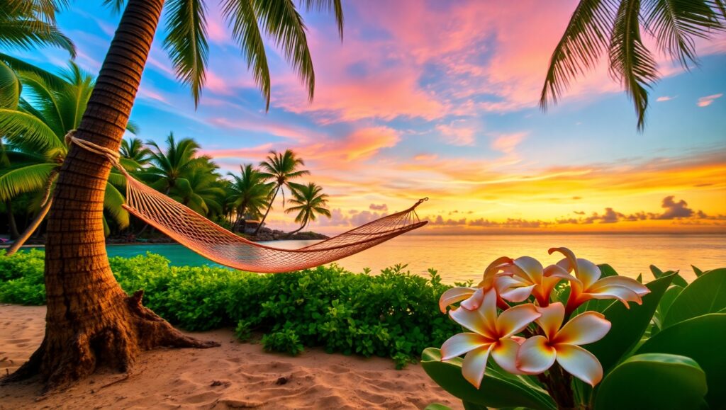 Sunset Serenity on a Tropical Island wyA – free AI stock image