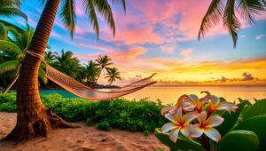 Sunset Serenity on a Tropical Island wyA – free AI stock image