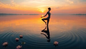 Sunset Serenity Yoga Pose Reflection – free AI stock image