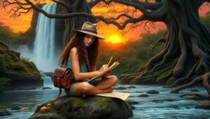 Sunset Sketch by Waterfall – free AI stock image