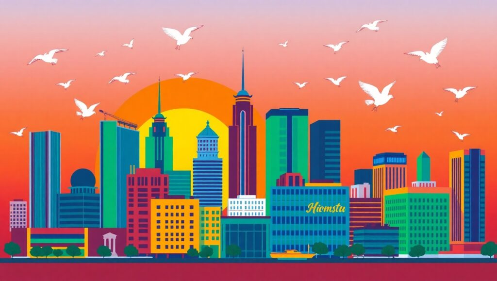 Sunset Skyline in Flat Design – free AI stock image