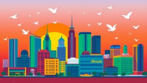 Sunset Skyline in Flat Design – free AI stock image