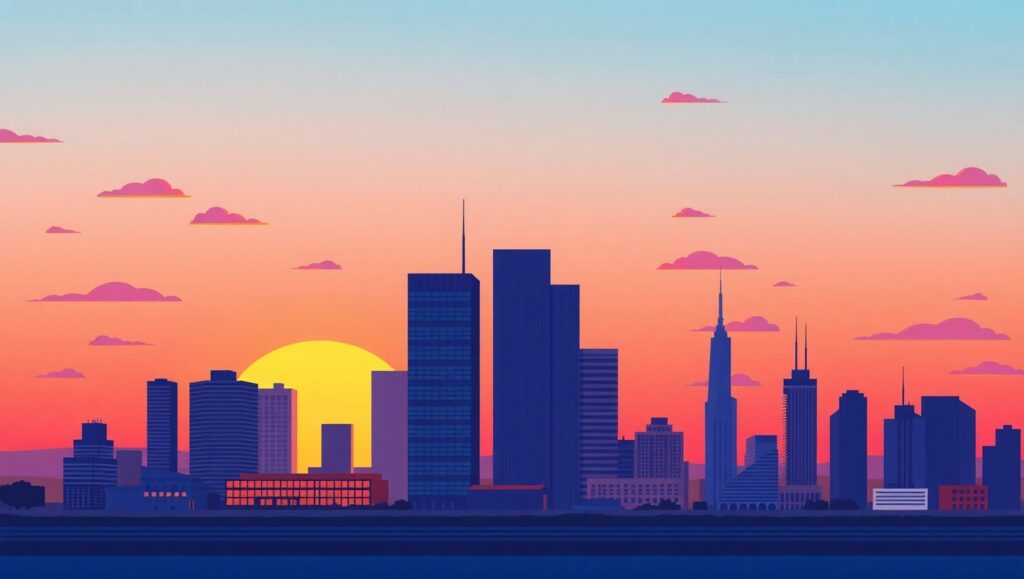 Sunset Skyline in Flat Design 7PZ – free AI stock image