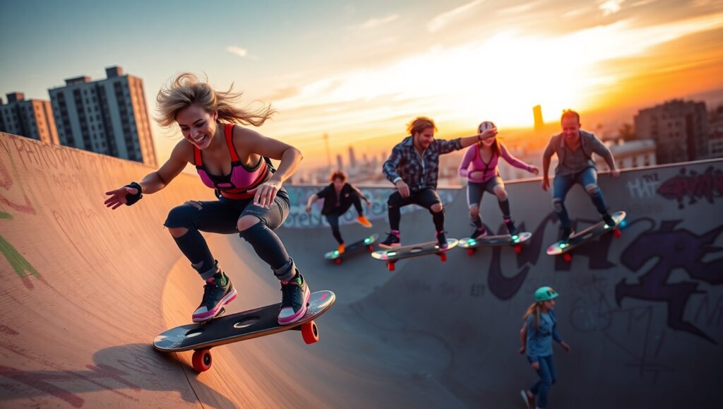 Sunset Stunts on Electric Skateboards – free AI stock image