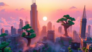 Sunset Voxel Cityscape Adventure – free AI stock image