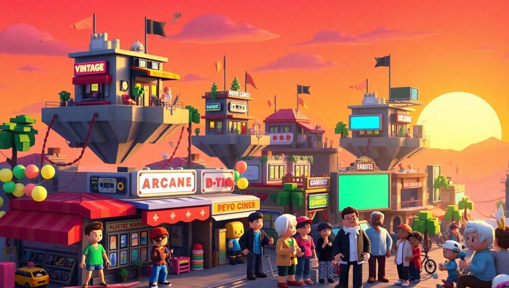 Sunset Voxel Cityscape Adventure mn4 – free AI stock image