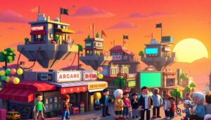 Sunset Voxel Cityscape Adventure mn4 – free AI stock image