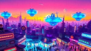 Sunset Voxel Cityscape Adventure SAN – free AI stock image