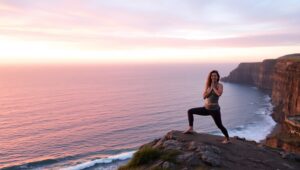 Sunset Yoga on a Serene Cliff – free AI stock image