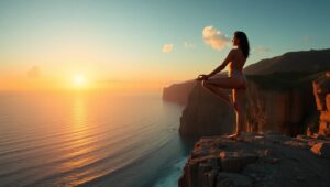 Sunset Yoga on Ocean Cliff – free AI stock image