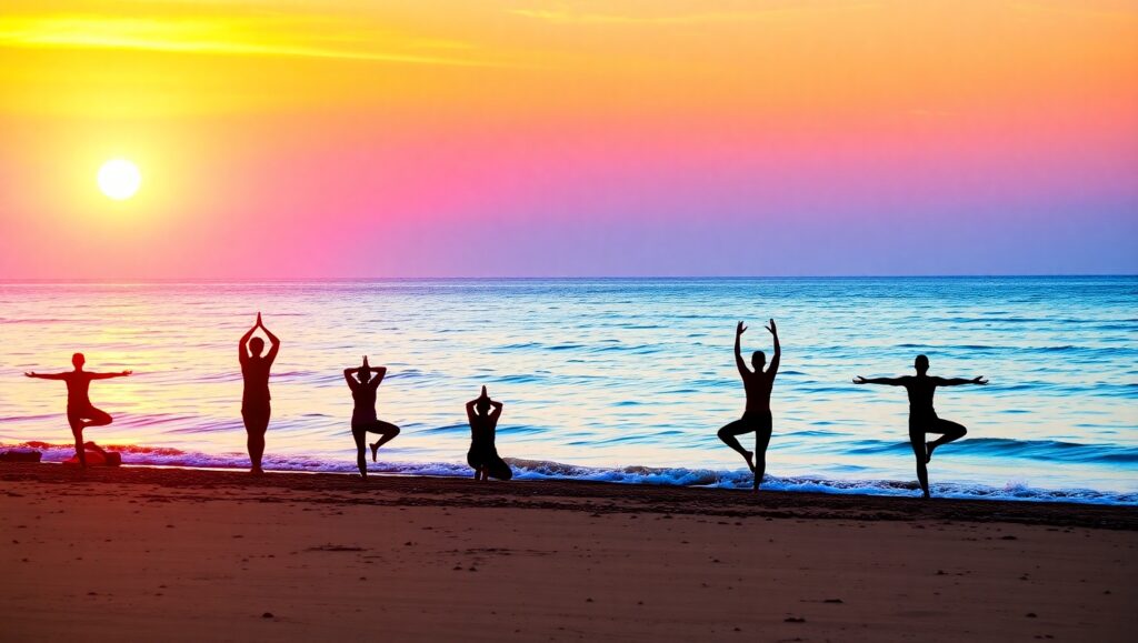 Sunset Yoga on Tranquil Beach – free AI stock image