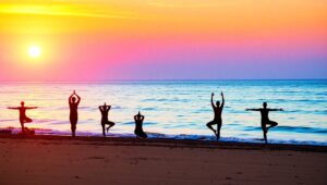Sunset Yoga on Tranquil Beach – free AI stock image