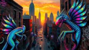Surreal Cityscape in Graffiti Style – free AI stock image