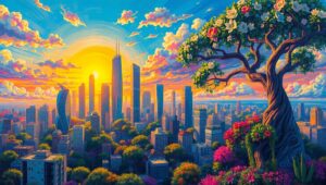 Surreal Cityscape with Floating Gardens – free AI stock image
