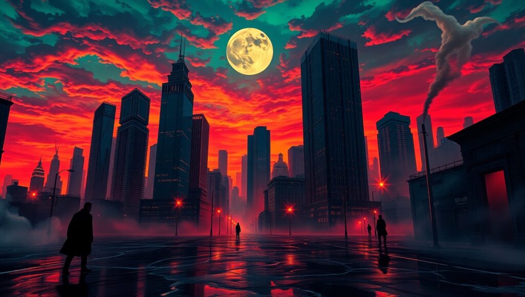 Surreal Dusk in Chaotic Cityscape – free AI stock image