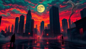 Surreal Dusk in Chaotic Cityscape – free AI stock image