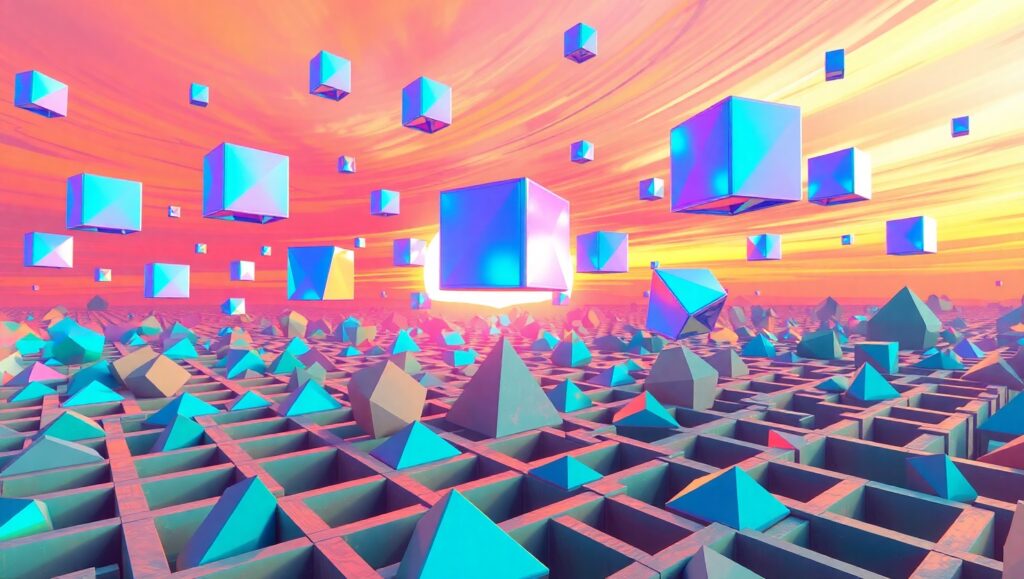 Surreal Geometric Sunset Landscape – free AI stock image