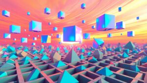 Surreal Geometric Sunset Landscape – free AI stock image
