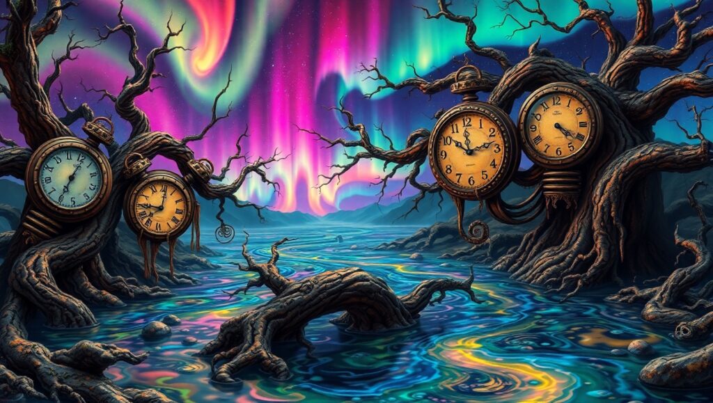 Surreal Landscape of Time and Light – free AI stock image