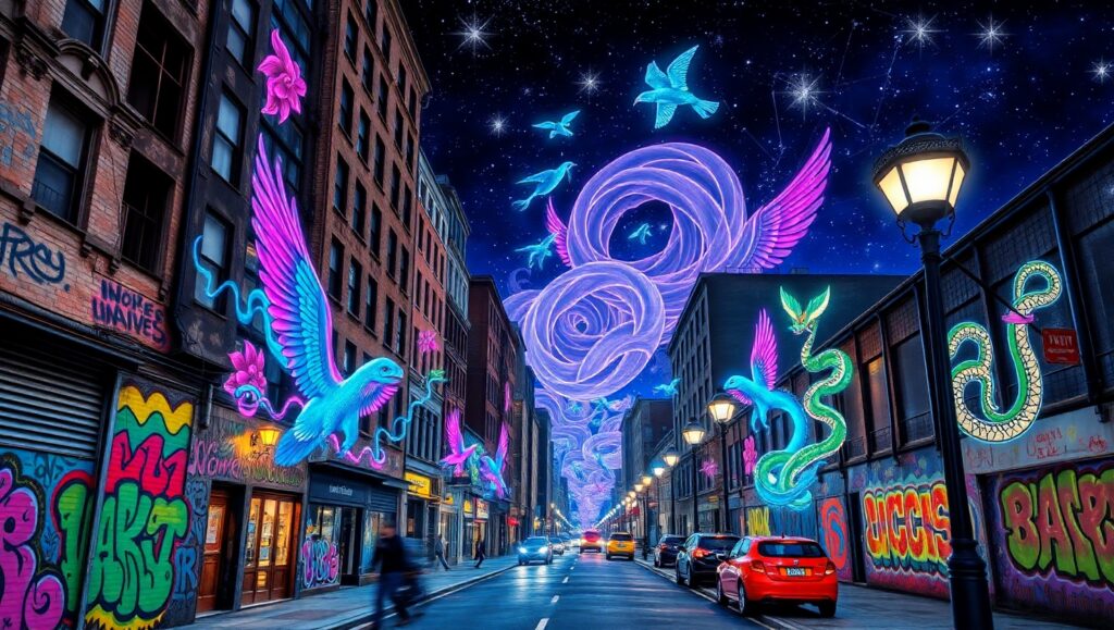 Surreal Neon Wilderness in Graffiti – free AI stock image