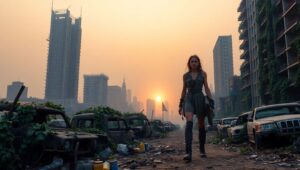 Survivor in a Ruined Cityscape – free AI stock image