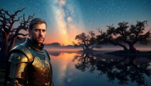 The Guardian of Twilight Lake – free AI stock image
