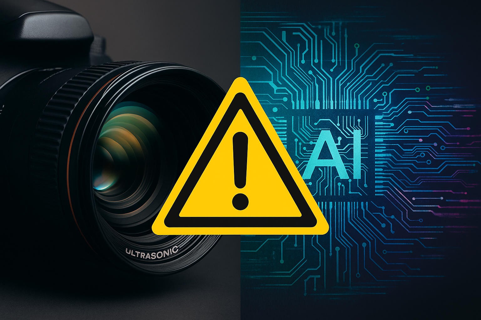 Split-screen: professional camera on left, glitchy AI circuit on right, warning sign in center