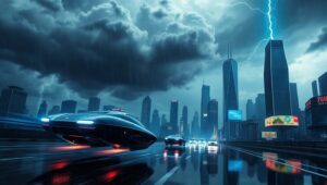 Thunderstorm Over Neon City – free AI stock image