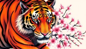 Tiger and Cherry Blossoms Tattoo Design – free AI stock image