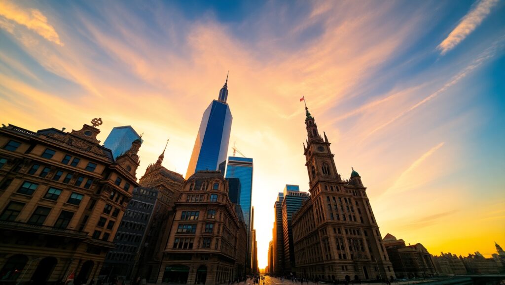 Towering City Skyline at Sunset – free AI stock image