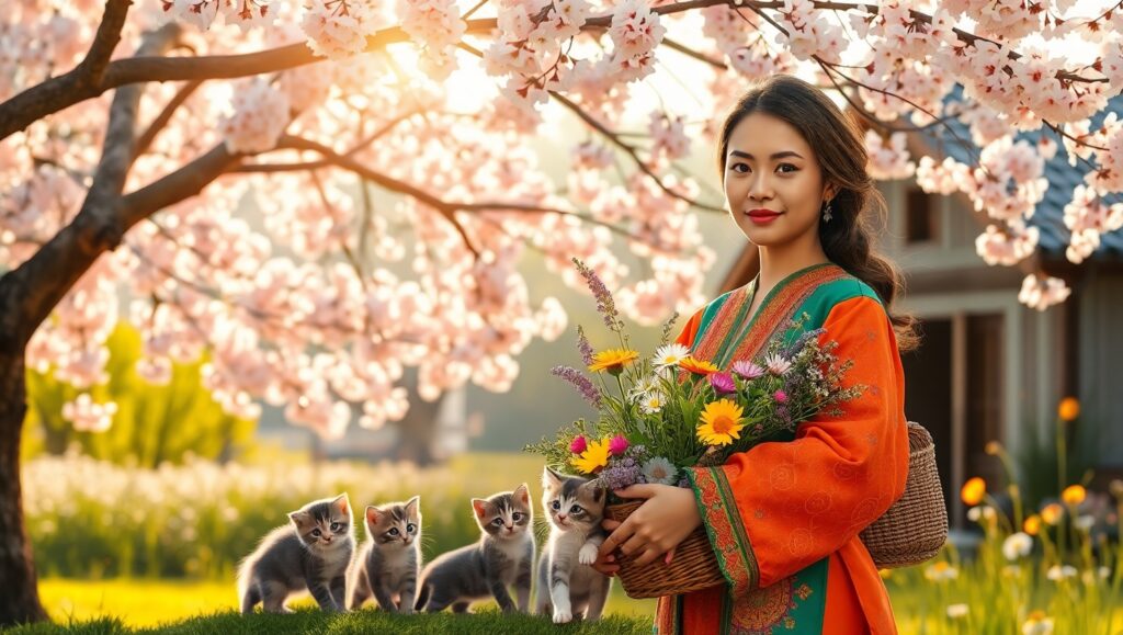 Traditional Attire Under Cherry Blossoms – free AI stock image