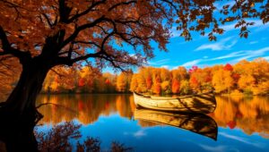 Tranquil Autumn Canoe Scene – free AI stock image