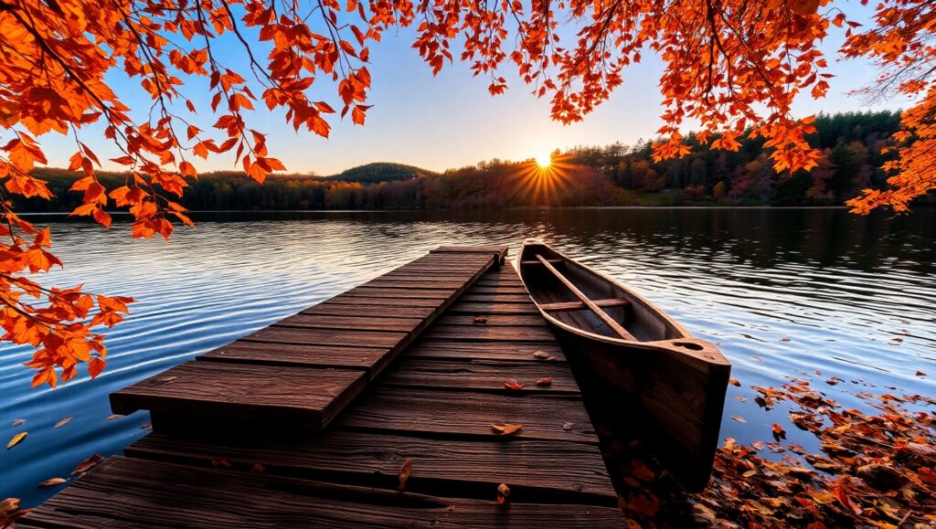 Tranquil Autumn Lake Sunset – free AI stock image