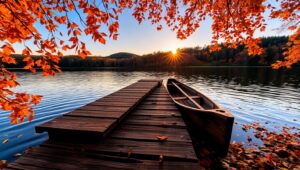 Tranquil Autumn Lake Sunset – free AI stock image
