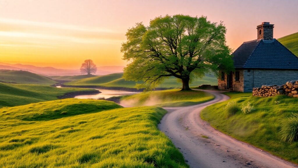 Tranquil Dawn in the Countryside – free AI stock image