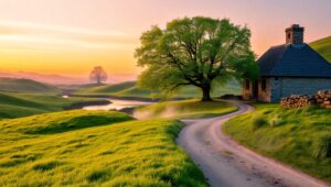 Tranquil Dawn in the Countryside – free AI stock image