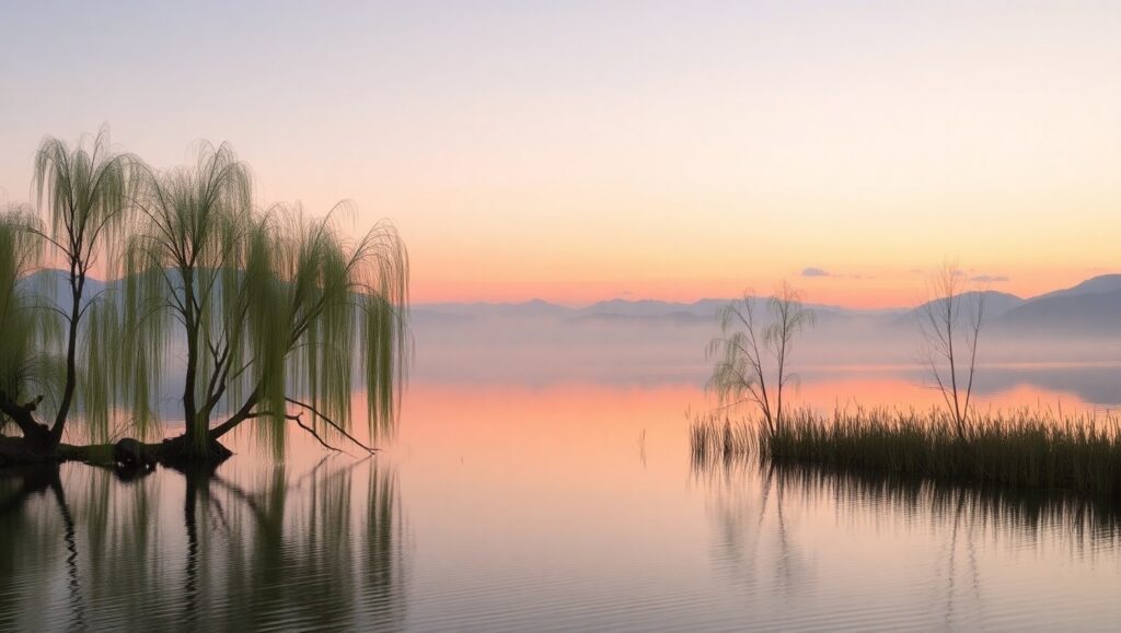 Tranquil Dawn Over Misty Lake – free AI stock image