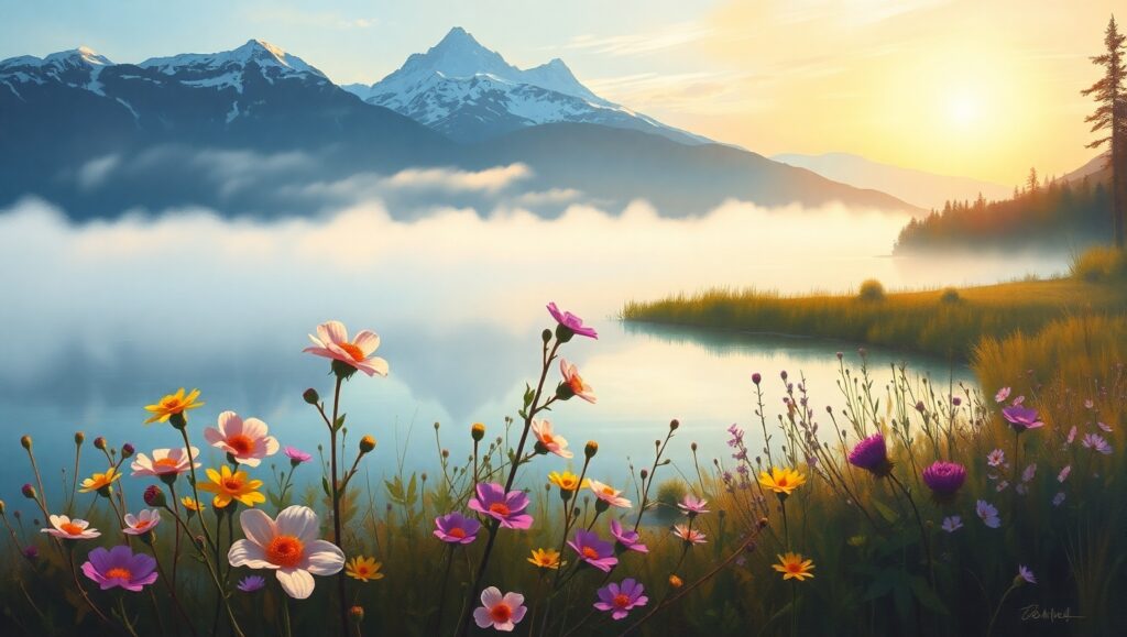 Tranquil Dawn Over Misty Landscape – free AI stock image