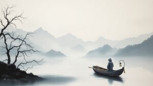 Tranquil Fisherman on Misty Lake – free AI stock image