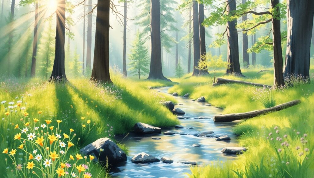 Tranquil Forest Glade in Watercolor – free AI stock image